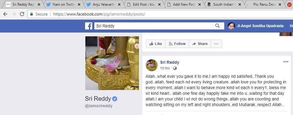 srireddy facebook post to anjana