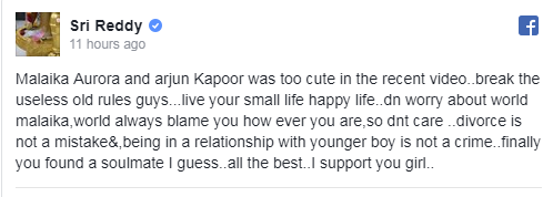 Sri Reddy Backs Salman Khan's Ex Sister-in-Law 2 sri reddy malaika facebook post