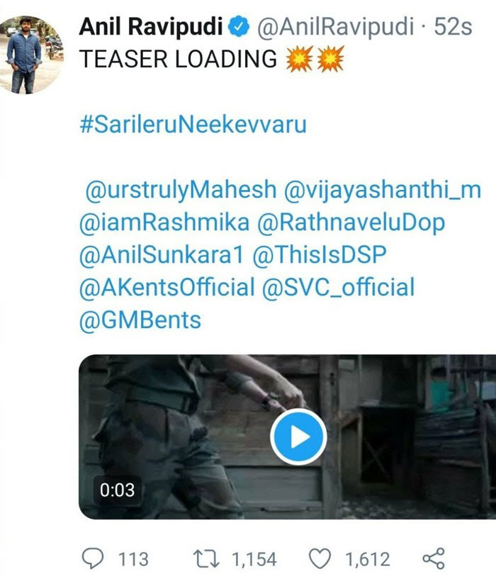 Anil Ravipudi's correction on Sarileru Neekevaru tweet 1 anil ravipudi deletes a tweet on sarileru neekevvaru b 1611190638