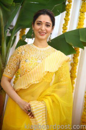Tamannaah Looks Stunning in Yellow Saree At Bholaa Shankar Grand Opening Ceremony 2