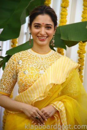 Tamannaah Looks Stunning in Yellow Saree At Bholaa Shankar Grand Opening Ceremony 4