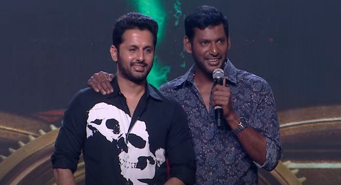 Vishal basking in brother bonding with actor Nithiin during Mark Antony's event